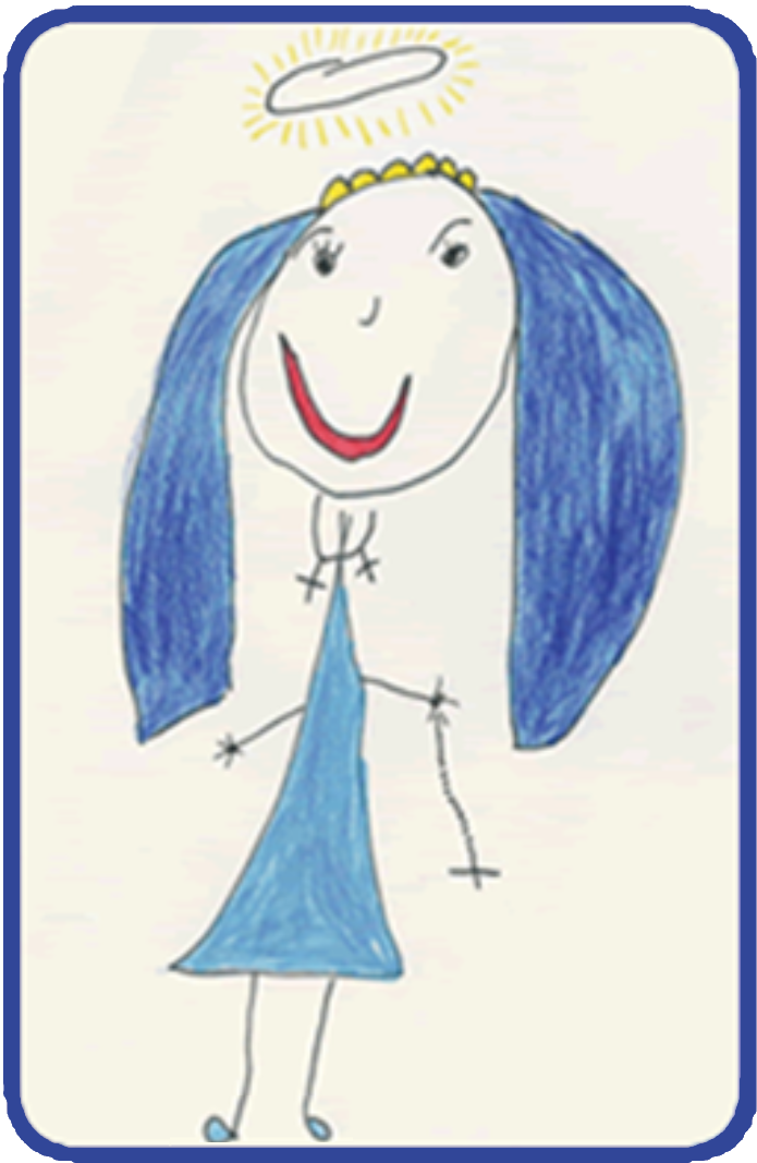 Drawing of a smiling girl with halo and blue dress